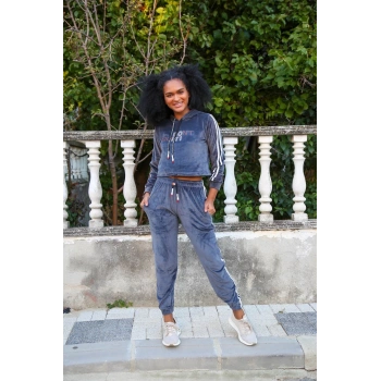 MİRAY- Kadın Kadife Kapşonlu Eşofman Takım Gri