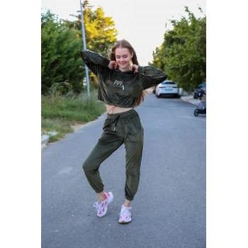 MİRAY- Kadın Kadife Kapşonlu Eşofman Takım Haki