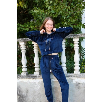 MİRAY- Kadın Kadife Kapşonlu Eşofman Takım Lacivert