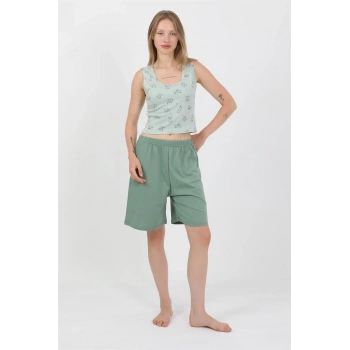 MİRAY- Kadın Kalın Askılı Pamuk Penye Şortlu Crop Takım SuYeşili