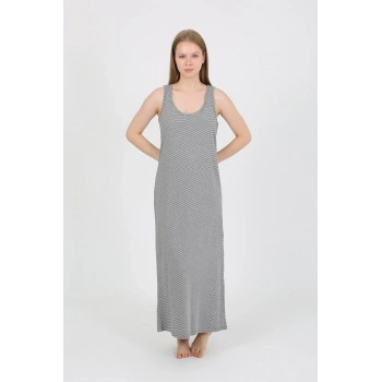 MİRAY- Kadın Kalın Askılı Yırtmaçlı Uzun Gri Gecelik