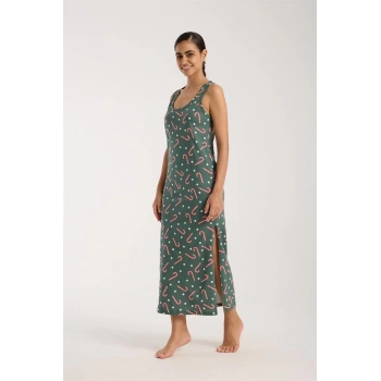 MİRAY- Kadın Kalın Askılı Yırtmaçlı Uzun Yeşil Gecelik