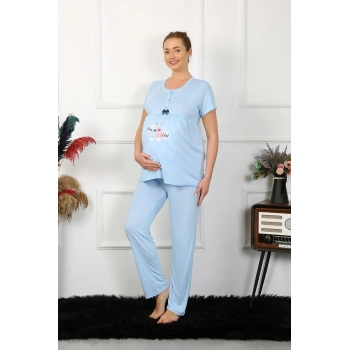 MİRAY- Kadın Kısa Kol Hamile Lohusa Pijama Takımı Mavi