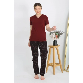 MİRAY- Kadın Kısa Kol Pamuk Penye Pijama Takım Bordo