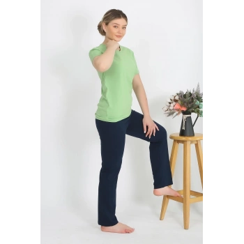 MİRAY- Kadın Kısa Kol Pamuk Penye Pijama Takım Fıstık Yeşili