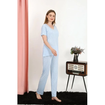 MİRAY- Kadın Kısa Kol Pamuk Penye Pijama Takım Mavi
