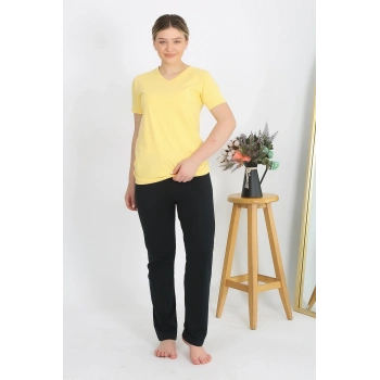 MİRAY- Kadın Kısa Kol Pamuk Penye Pijama Takım Sarı