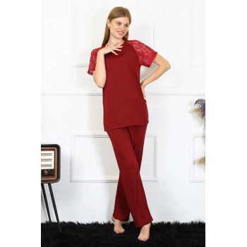 MİRAY- Kadın Kolu Dantelli Penye Pijama Takım Bordo