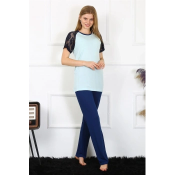 MİRAY- Kadın Kolu Dantelli Penye Pijama Takım Su Yeşili