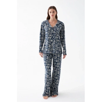 MİRAY- Kadın Lacivert “Paris” Yazı Desenli Düğmeli Pamuklu Pijama Takımı
