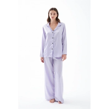 MİRAY- Kadın Lila Oversize Saten Pijama Takımı – Rahat Kesim Şık Ev Giyim Seti