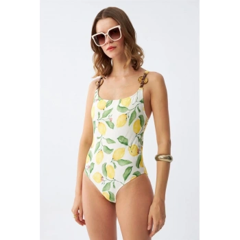 MİRAY- Kadın Limon Desenli Aksesuar Askılı Tek Parça Mayo – Ekru