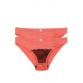 MİRAY- Kadın Mercan Rengi Dantel Detaylı 2li Slip