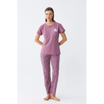 MİRAY- Kadın Mor Patili Tavşan Baskılı Cepli Pijama Takımı