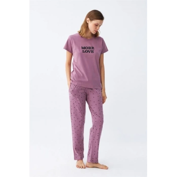 MİRAY- Kadın Mor Yıldız Desenli Penye Kısa Kol Pijama Takımı