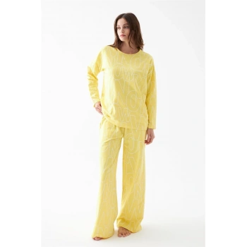MİRAY- Kadın Oversize Sarı Desenli Pamuklu Kalın Pijama Takımı