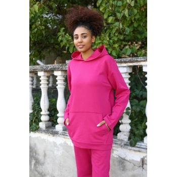 MİRAY- Kadın Pamuk Kapşonlu Cepli 3 İplik Fuşya Eşofman Takım