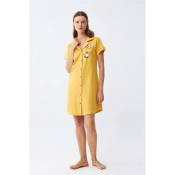 MİRAY- Kadın Pamuk Penye Kısa Kol Düğmeli Sarı Tunik Gecelik