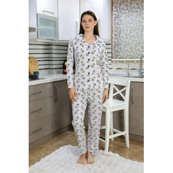 MİRAY- Kadın Pamuk Penye Önden Düğmeli Uzun Kol Pijama Takım Gri