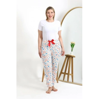 MİRAY- Kadın Pamuklu Büyük Beden Alt Pijama Ekru