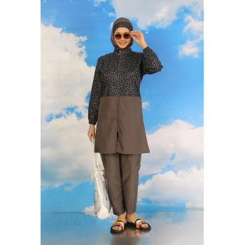 MİRAY- Kadın Pantolonlu Desenli Tam Tesettür Mayo Füme