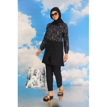 MİRAY- Kadın Pantolonlu Desenli Tam Tesettür Mayo Lacivert