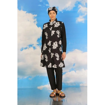 MİRAY- Kadın Pantolonlu Desenli Tam Tesettür Mayo Siyah