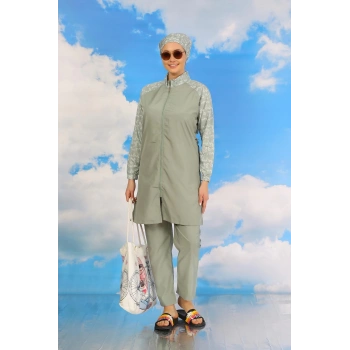 MİRAY- Kadın Pantolonlu Desenli Tam Tesettür Mayo Su Yeşili