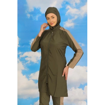 MİRAY- Kadın Pantolonlu Kolu Şeritli Tam Tesettür Mayo Haki