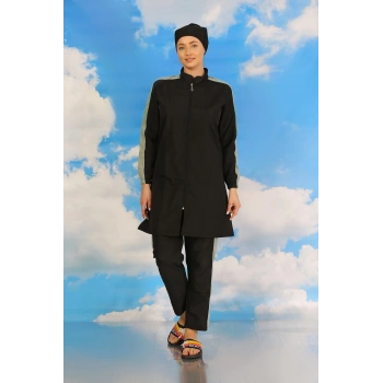 MİRAY- Kadın Pantolonlu Kolu Şeritli Tam Tesettür Mayo Siyah