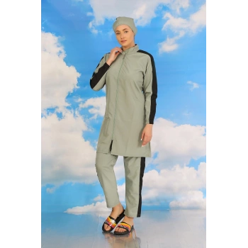 MİRAY- Kadın Pantolonlu Kolu Şeritli Tam Tesettür Mayo Su Yeşili
