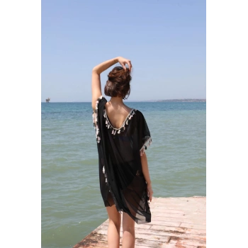 MİRAY- Kadın Püsküllü Tunik Pareo Plaj Elbisesi Siyah