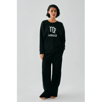 MİRAY- Kadın Siyah Başak Burcu Oversize 2 İplik Eşofman Ev Giyim Takımı