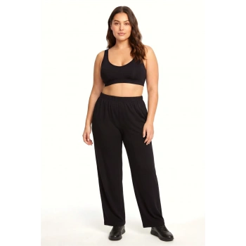 MİRAY- Kadın Siyah Dokulu Büyük Beden Cepli Pijama Altı Rahat Kesim Esnek Bel Günlük Ev Giyim Alt