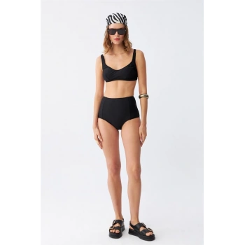 MİRAY- Kadın Siyah Pedli Kare Yaka Yüksek Bel Bikini Takımı