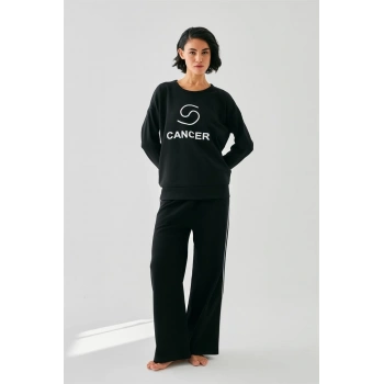 MİRAY- Kadın Siyah Yengeç Burcu Oversize 2 İplik Eşofman Ev Giyim Takımı