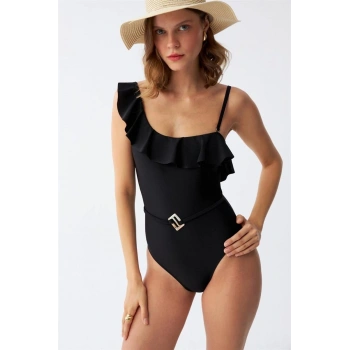 MİRAY- Kadın Tek Omuz Fırfırlı Mayo Siyah