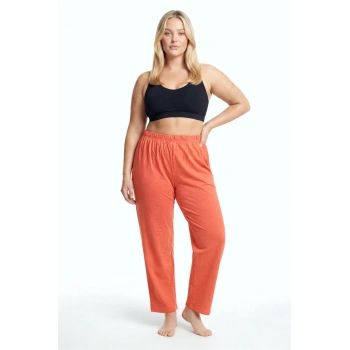 MİRAY- Kadın Turuncu Dokulu Büyük Beden Cepli Pijama Altı Rahat Kesim Esnek Bel Günlük Ev Giyim Alt