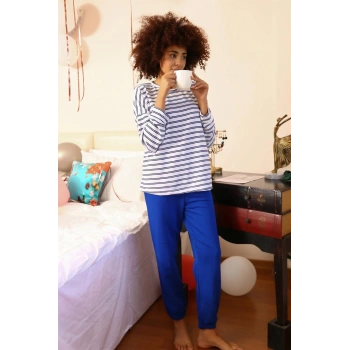 MİRAY- Kadın Uzun Kol 3 İplik Penye Pijama Takım Beyaz