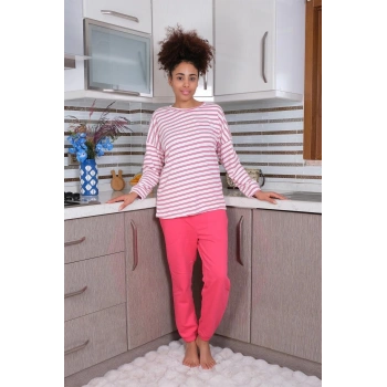 MİRAY- Kadın Uzun Kol 3 İplik Penye Pijama Takım Beyaz