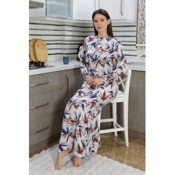 MİRAY- Kadın Uzun Kol Penye Gecelik Ev Elbisesi Krem