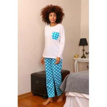 MİRAY- Kadın Uzun Kol Penye Pijama Takım Beyaz