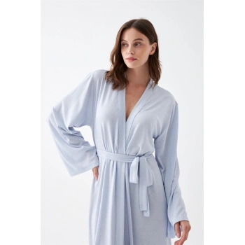 MİRAY- Kadın Uzun Mavi Penye Sabahlık