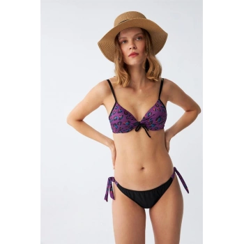 MİRAY- Kadın Yandan Bağlamalı Yarım Destekli Fiyonklu Alt Üst Bikini Takım Mor