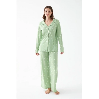 MİRAY- Kadın Yeşil Kalp Desenli Düğmeli Pamuklu Pijama Takımı