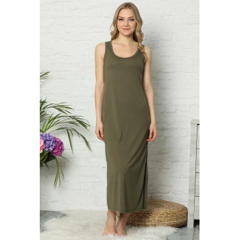 MİRAY- Kalın Askılı Haki Penye Uzun Gecelik