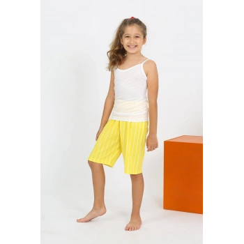 MİRAY- Kız Çocuk İp Askılı Şortlu Penye Beyaz Pijama Takım