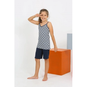 MİRAY- Kız Çocuk İp Askılı Şortlu Penye Lacivert Pijama Takım