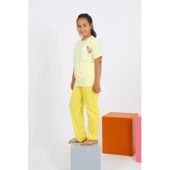 MİRAY- Kız Çocuk Kısa Kol Sarı Penye Pijama Takım