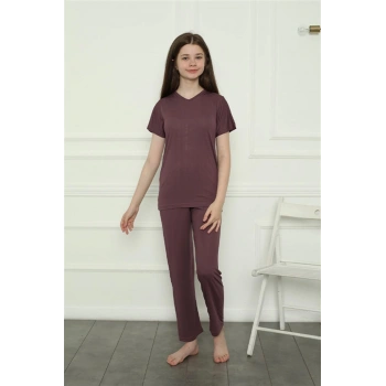 MİRAY- Kız Çocuk Penye Pijama Takım Mürdüm
